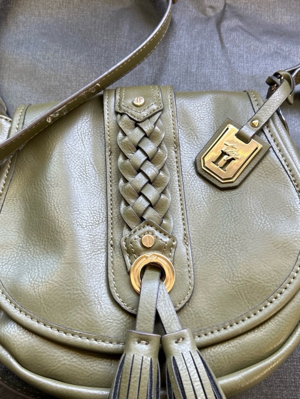 Tignanello (Tig II) Olive Green Braided Tassel Crossbody with Gold Hardware
